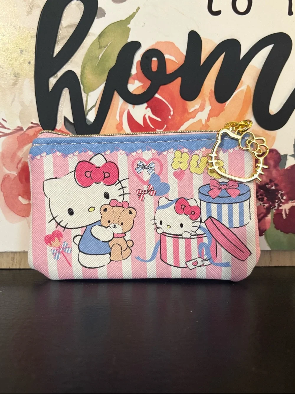 Hello Kitty Pink and Blue Striped Kids Coin Purse with Gold Charm